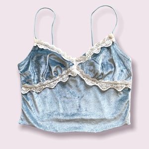 Y2K, Light blue, velvet/ velour, white lace, cami, crop top.